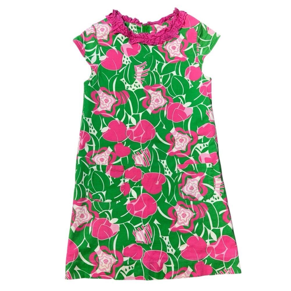 Lilly Pulitzer Floral Shift Dress Girls 7 Ruffle Trim How About The Apples Pink